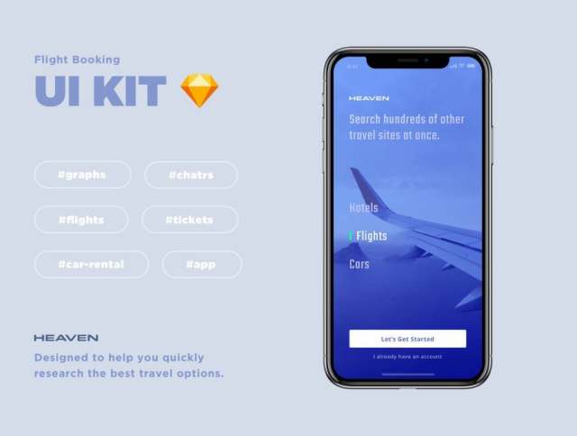 适用于iPhone X的航班和租车App UI套件，采用Sketch。，Heaven Mobile UI Kit设计