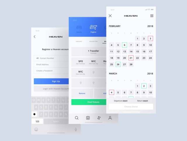 适用于iPhone X的航班和租车App UI套件，采用Sketch。，Heaven Mobile UI Kit设计