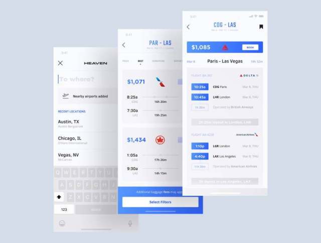 适用于iPhone X的航班和租车App UI套件，采用Sketch。，Heaven Mobile UI Kit设计