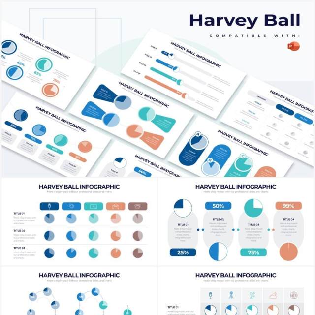 彩色系项目产品哈维球分析PPT信息图素材Harvey Ball Powerpoint Infographics