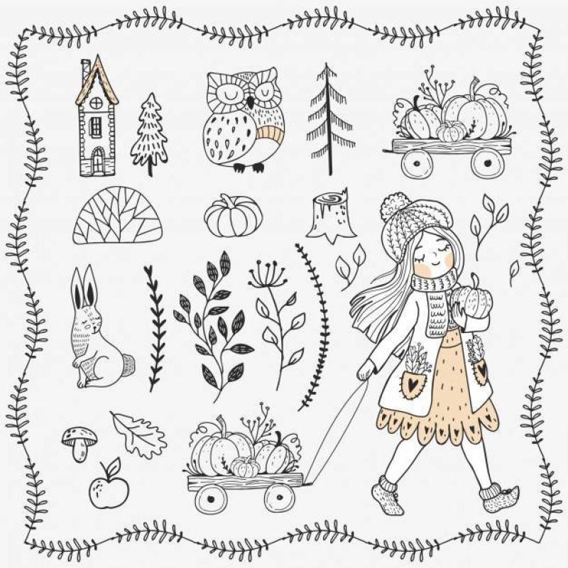 SET OF HAND DRAWN FOREST ELEMENTS. GIRL WITH PUPMKIN