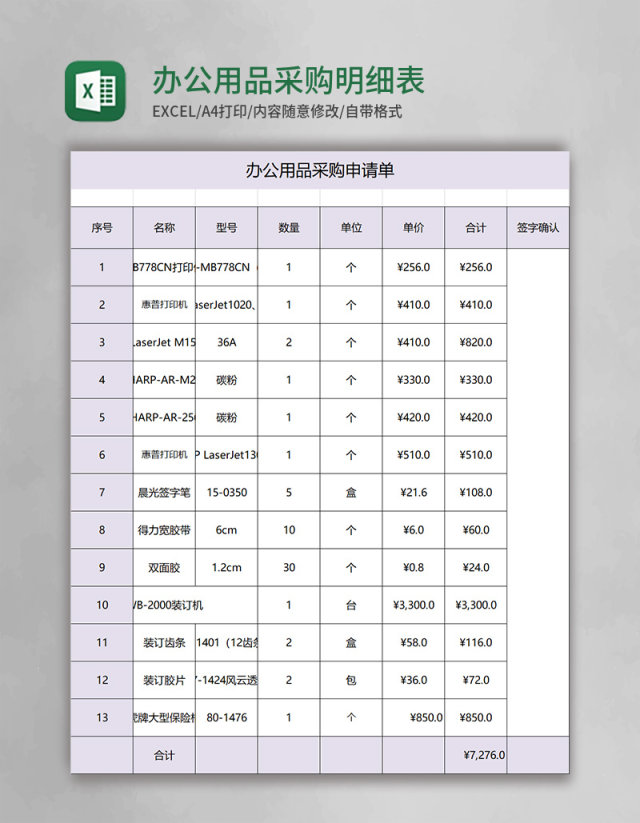 办公用品采购明细表