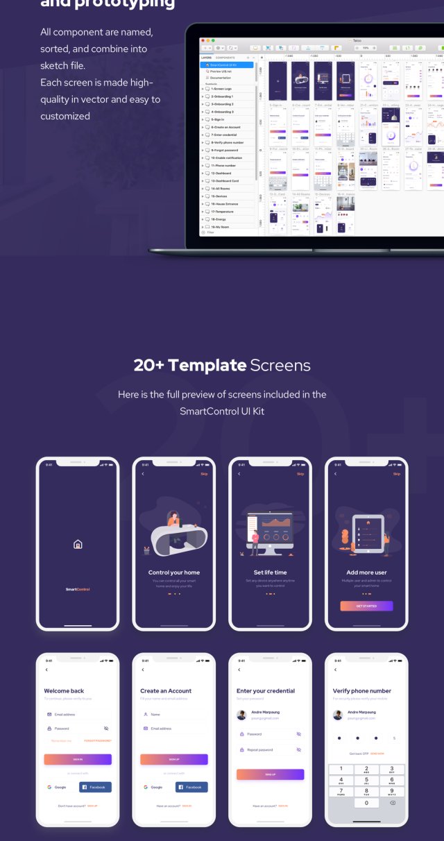 20+屏幕UI套件智能家居移动应用在素描和FIGMA和SmartControl UI工具包