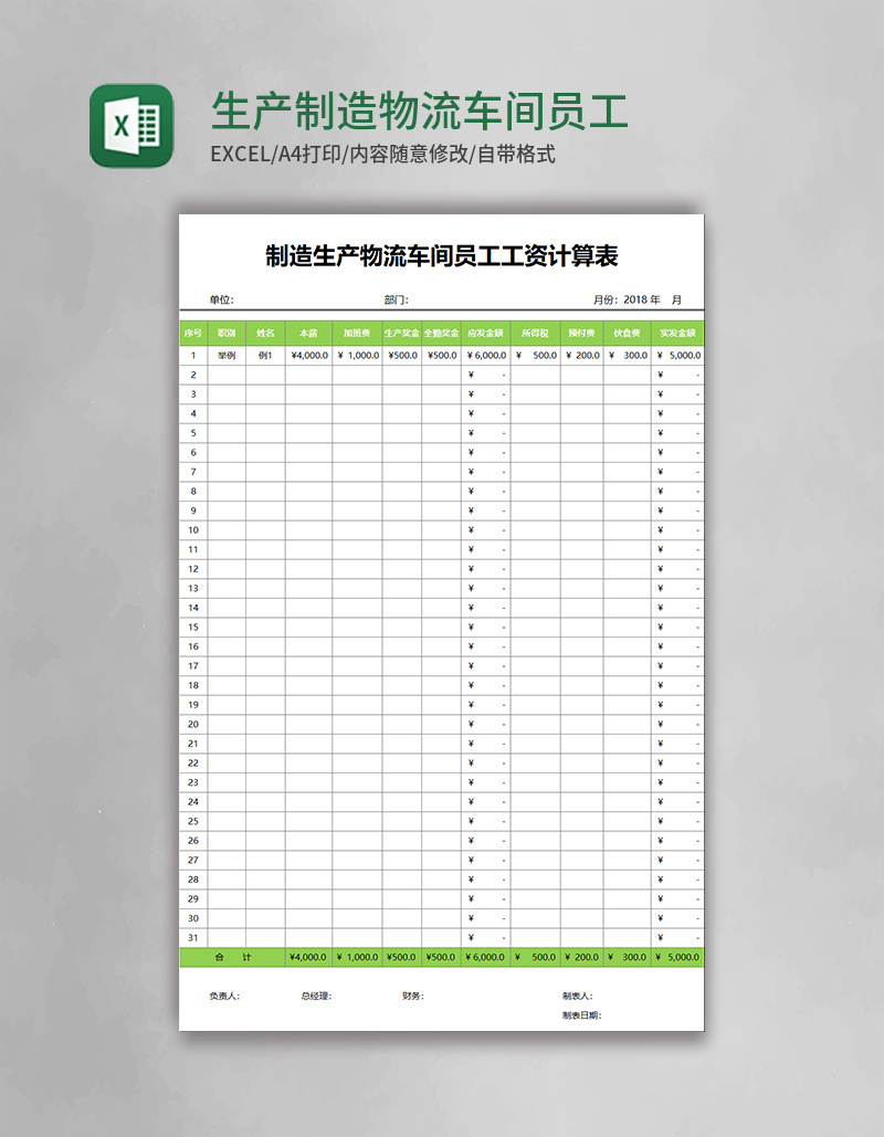 生产制造物流车间员工工资计算表