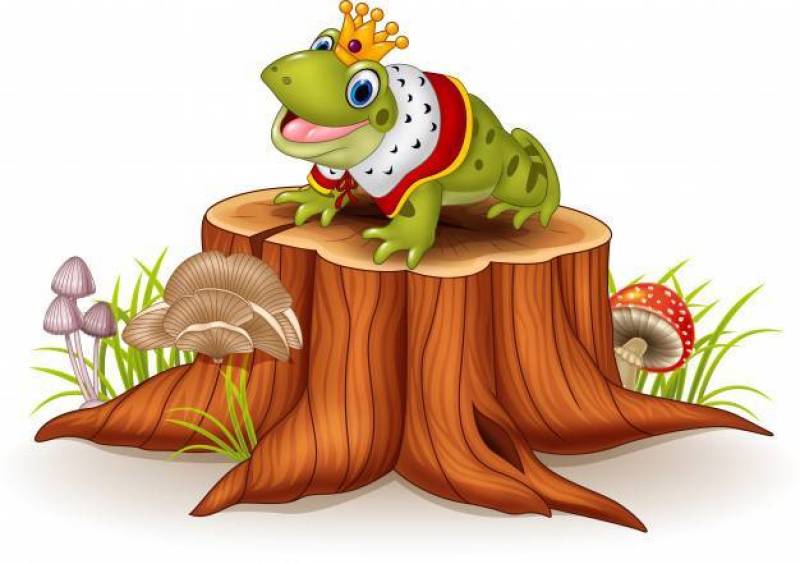 动画片滑稽的青蛙国王坐树桩