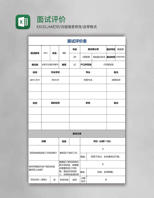 面试评价表excel模板