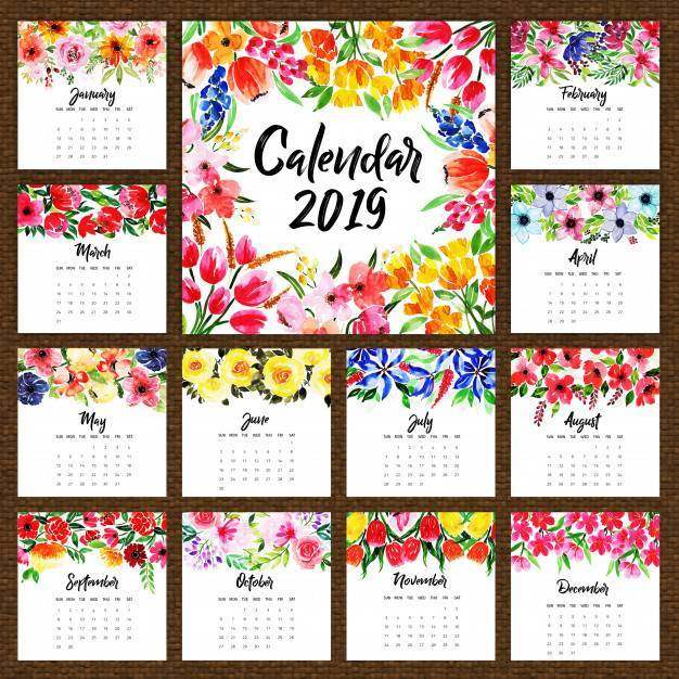 2019年水彩花卉年历矢量素材下载 2019年水彩花卉年历矢量素材下载