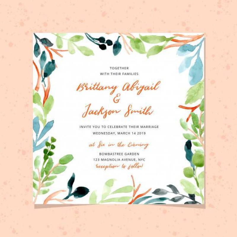 Wedding invitation with watercolor foliage frame