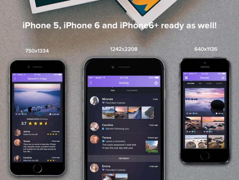美丽的素描和Photoshop的iOS UI套件，夜间和旅行用户界面工具包