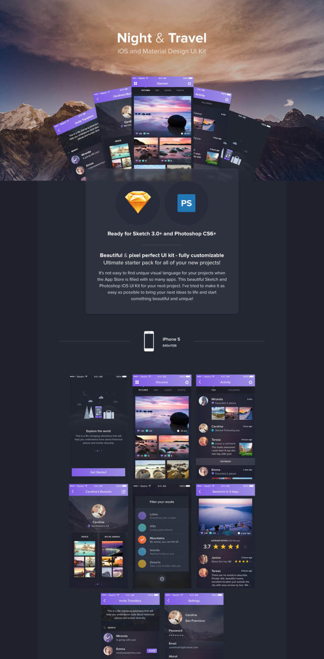美丽的素描和Photoshop的iOS UI套件，夜间和旅行用户界面工具包