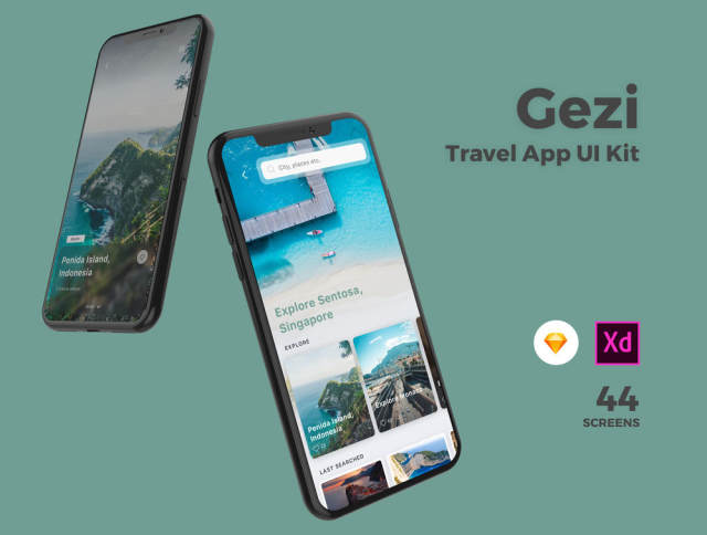 为Sketch＆Adobe XD设计的旅行应用程序的高质量模板。，Gezi Travel App UI Kit