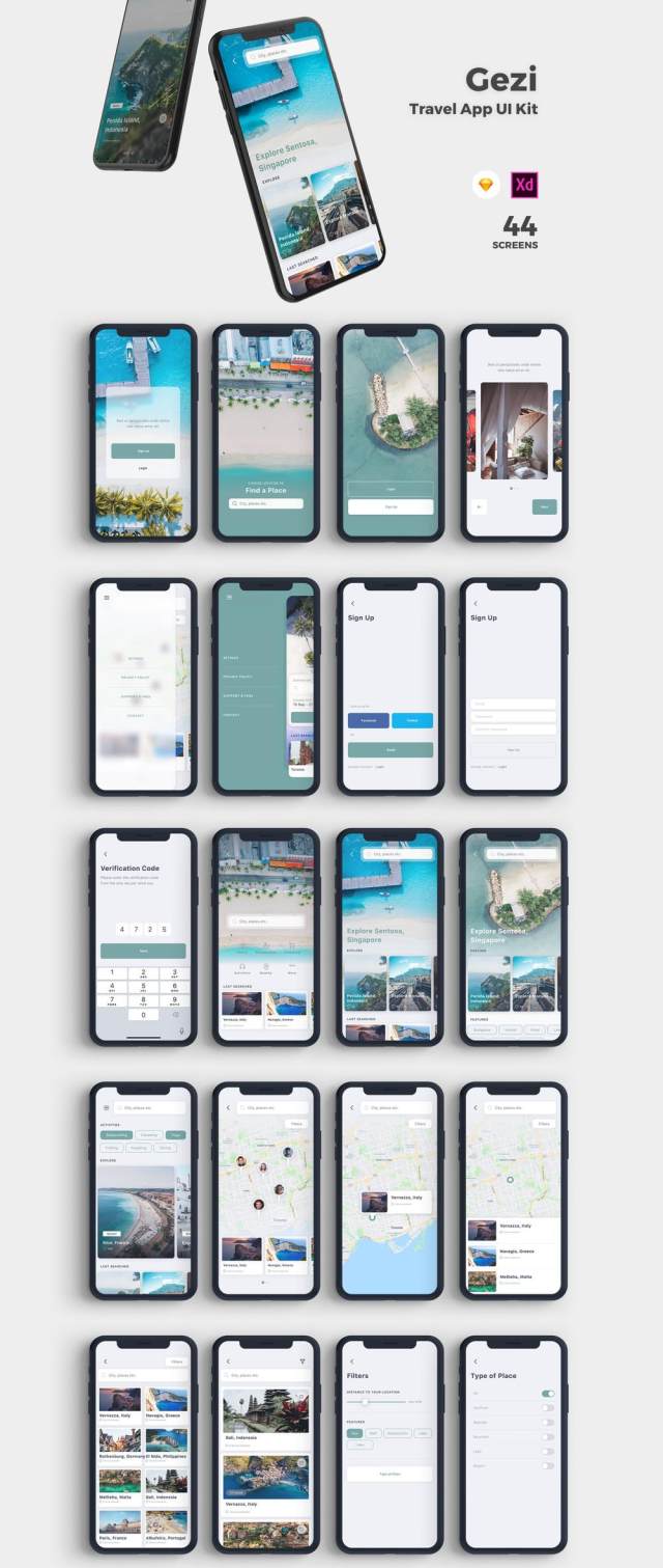 为Sketch＆Adobe XD设计的旅行应用程序的高质量模板。，Gezi Travel App UI Kit