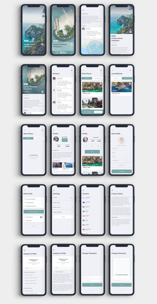 为Sketch＆Adobe XD设计的旅行应用程序的高质量模板。，Gezi Travel App UI Kit