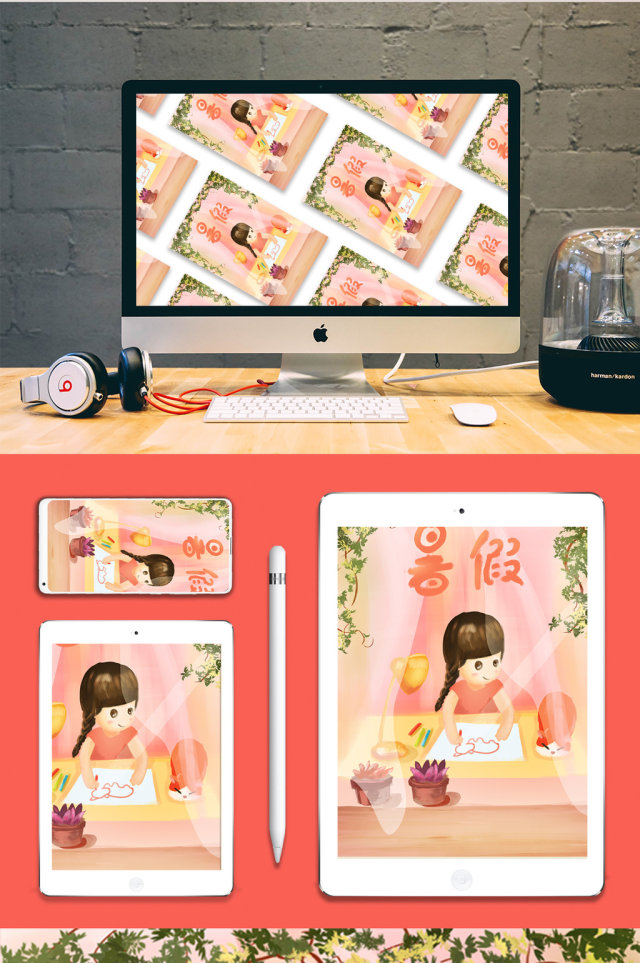 清新卡通暑假画画女孩插画 清新卡通暑假画画女孩插画