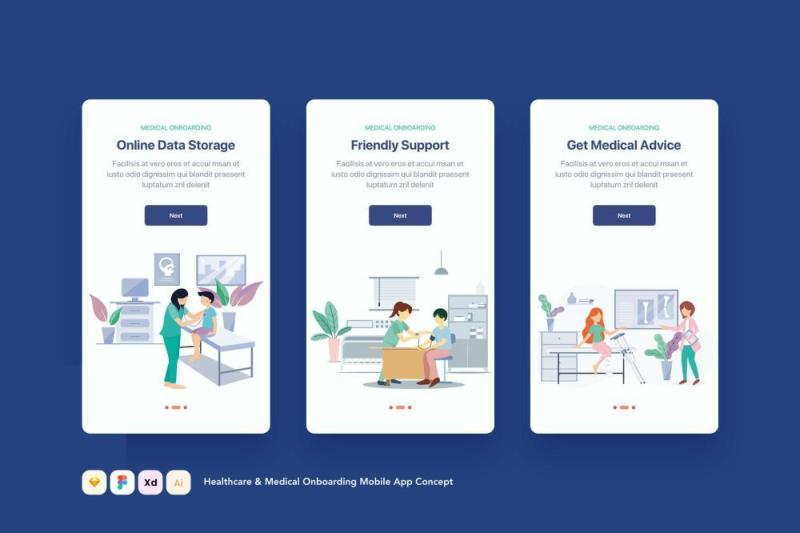 医疗保健和医疗登录页模板概念EPS插画设计素材Healthcare & Medical Onboarding Mobile App Concept