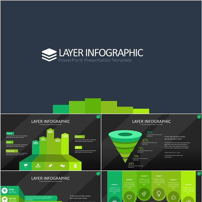 绿色图层结构信息图PPT模板素材Wide Green Dark Layer Infographic