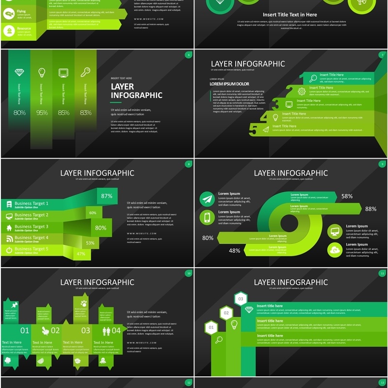 绿色图层结构信息图PPT模板素材Wide Green Dark Layer Infographic