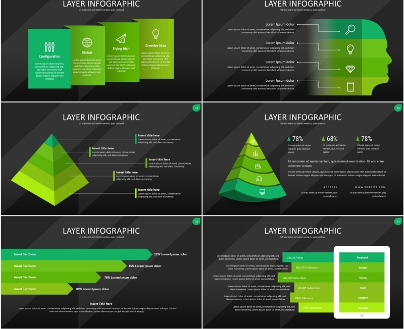 绿色图层结构信息图PPT模板素材Wide Green Dark Layer Infographic