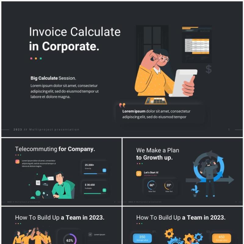 深色互联网公司介绍产品项目矢量人物插画PPT幻灯片模板2023 Versatile Vector Infographic Dark