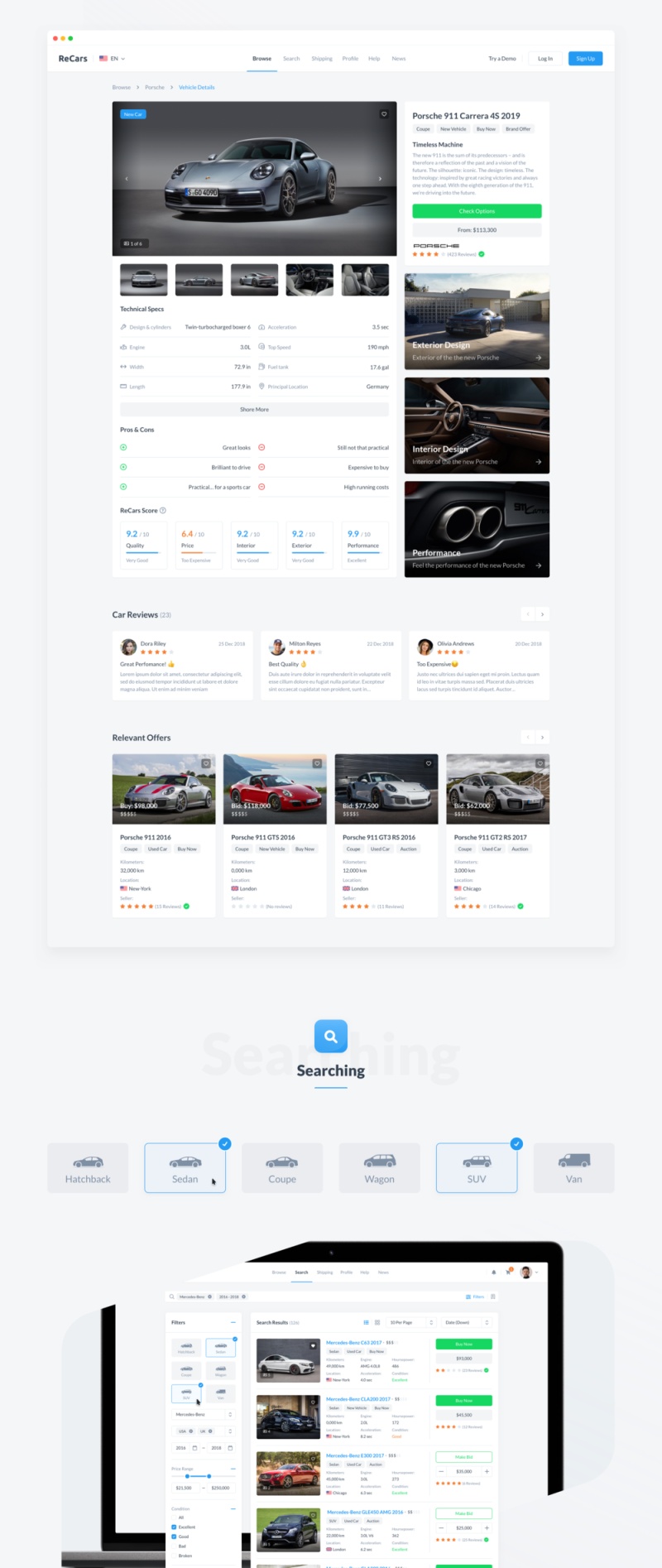 20多个完整页面，25个小部件，60多个图标和Web项目样式指南，ReCars网站UI工具包
