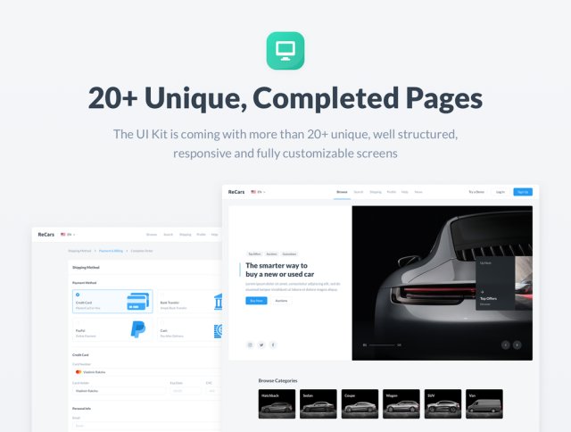 20多个完整页面，25个小部件，60多个图标和Web项目样式指南，ReCars网站UI工具包