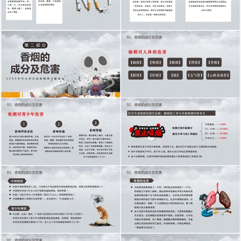 灰色简约风校园禁烟主题班会PPT模板