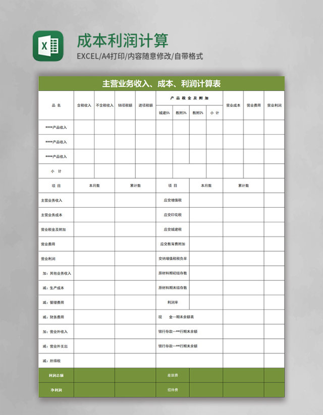 成本利润计算表excel模板