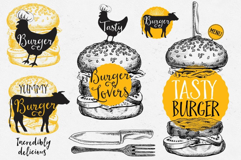 汉堡食品元素手绘涂鸦素材Burger Food Elements
