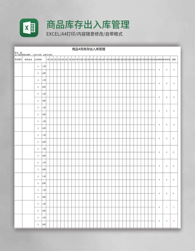 商品库存出入库管理表模板