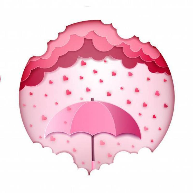 在白色桃红色颜色背景贺卡隔绝的伞和心脏落