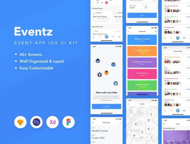完整的UI工具包,适用于Sketch,XD,PSD和FIgma。,Eventz iOS UI工具包中的下一个事件应用程序 完整的UI工具包,适用于Sketch,XD,PSD和FIgma。,Eventz iOS UI工具包中的下一个事件应用程序