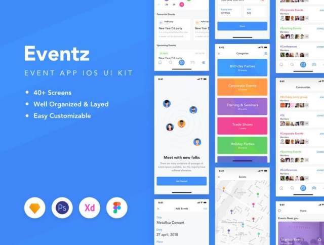 完整的UI工具包，适用于Sketch，XD，PSD和FIgma。，Eventz iOS UI工具包中的下一个事件应用程序