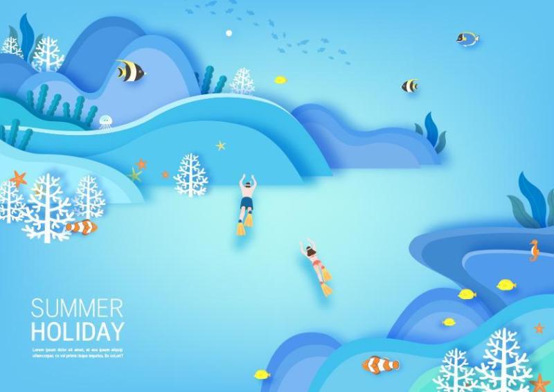 9款精美风景旅游森林插画插图夏季游泳旅游度假海边AI矢量素材
