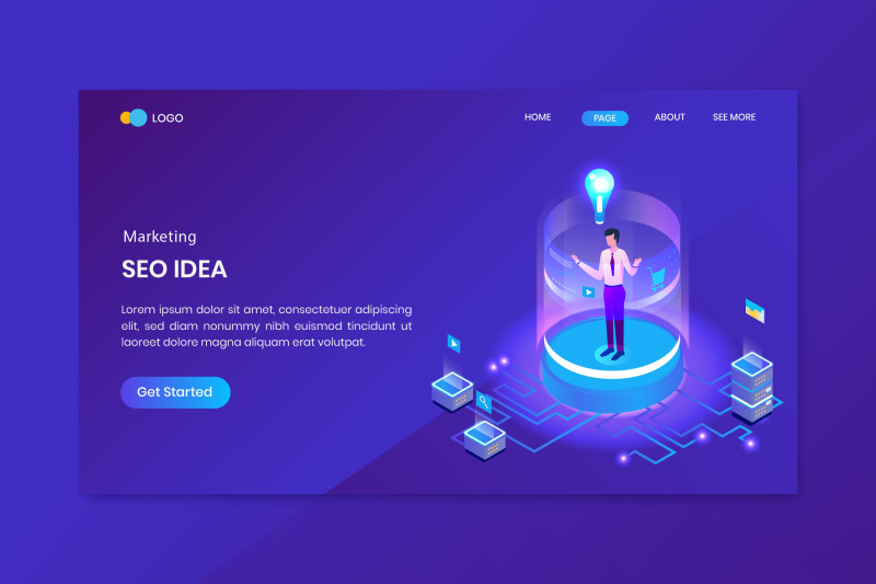 蓝色Seo创意营销等距概念登录页插画矢量素材网站界面设计Seo Idea Marketing Isometric Concept Landing Page
