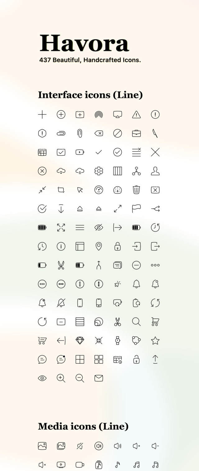 437个独特的优雅矢量图标在11类别。，Havora图标集