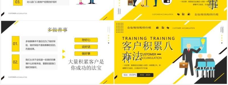 黄色简约插画风客户积累八种方法PPT模板