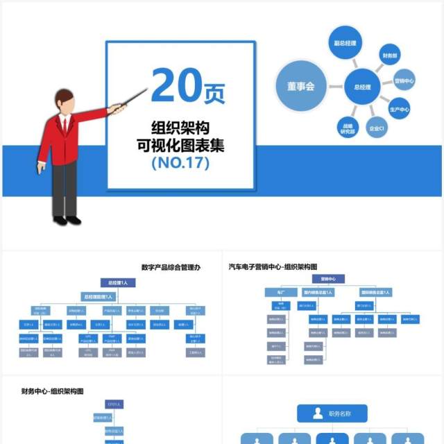 蓝色简约企业组织架构可视化图表集PPT模板