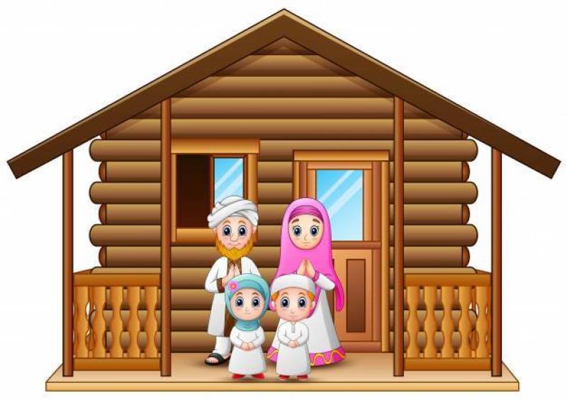 穆斯林家庭动画片在木房子里