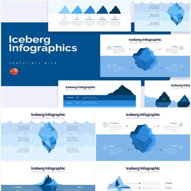 蓝色创意冰山图PPT信息图形素材Iceberg Powerpoint Infographics