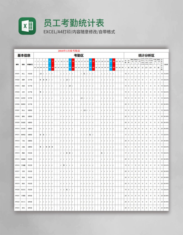 员工考勤统计表Excel表格