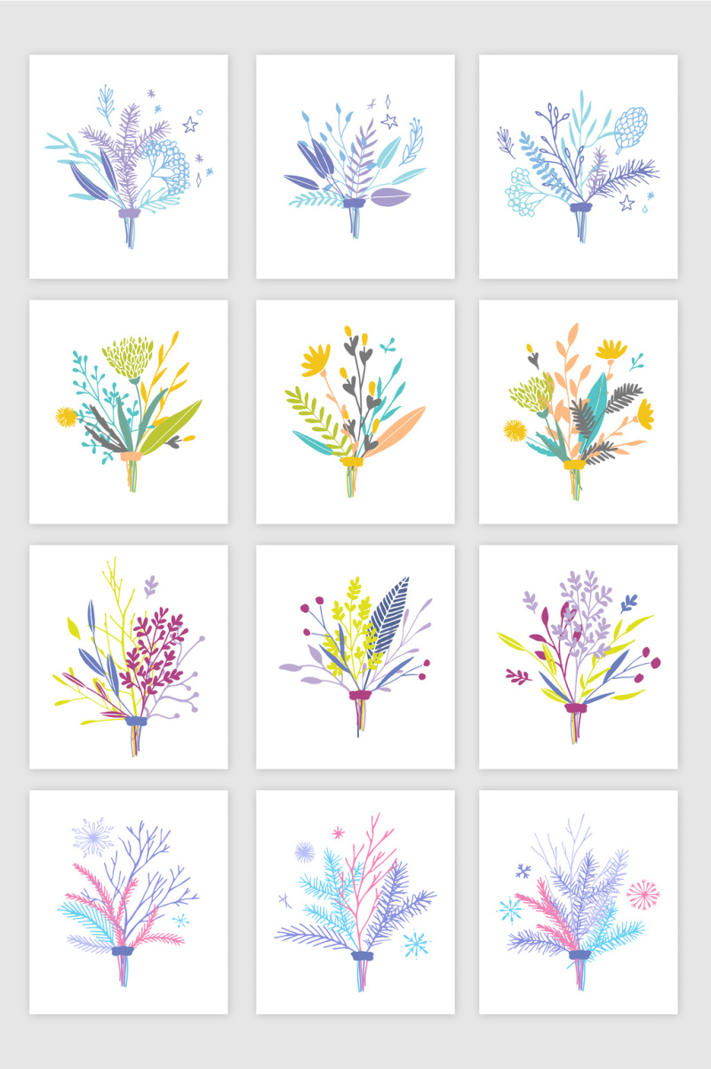 矢量蓝色手绘装饰花卉植物