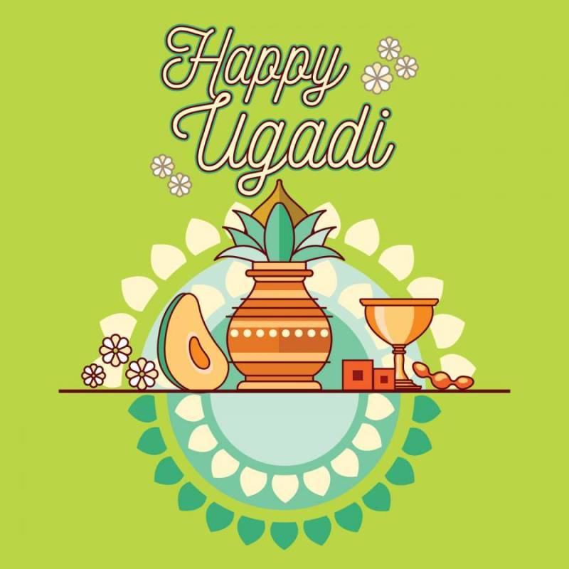 快乐的Ugadi。模板贺卡传统的节日印度食品。极简主义风格
