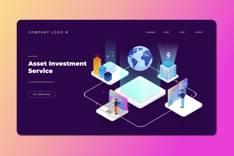 蓝色2.5D插画等距登录页创意资产投资金融服务数字概念WEB网页界面模板设计AI矢量素材Isometric Landing Page