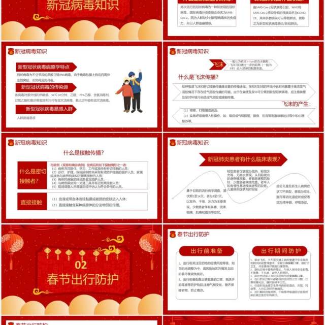 红色卡通风春节新冠病毒防控指南通用PPT模板