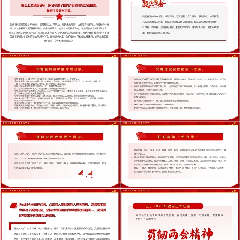 红色简约风2025政府工作报告全文PPT模板