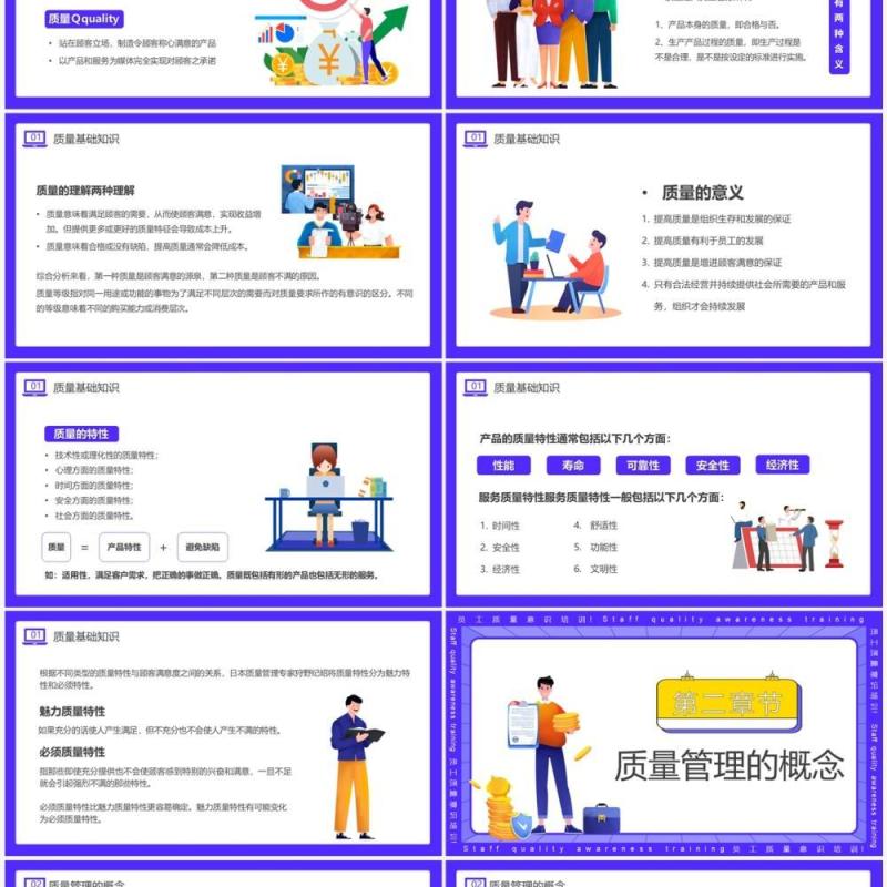 紫色插画风员工质量意识培训PPT模板