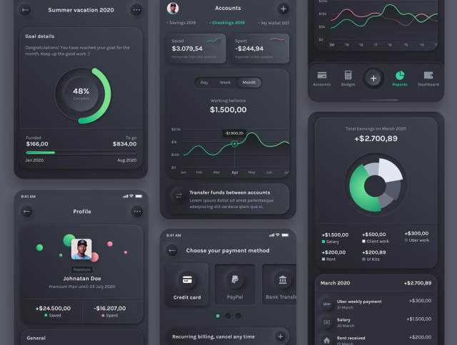 Neumorphism理财应用，黑暗预算计划 - 财经UI套件