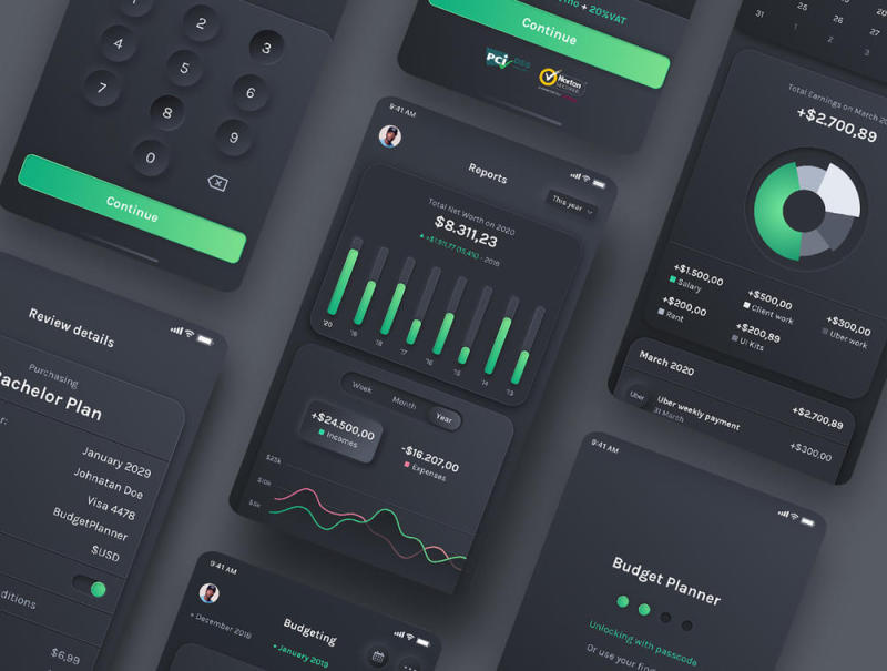 Neumorphism理财应用，黑暗预算计划 - 财经UI套件