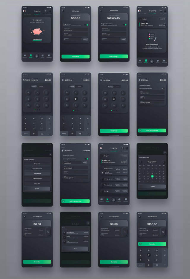 Neumorphism理财应用，黑暗预算计划 - 财经UI套件