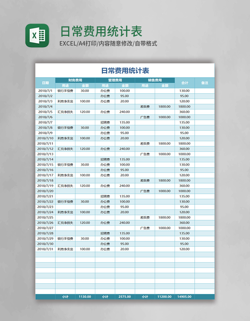 日常费用统计表Excel表格